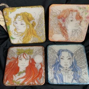 Unique set of 4 Fairy coasters Hand Painted, Resin coated