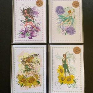 Set of four floral fairy cards. Unique illustrations. White Background