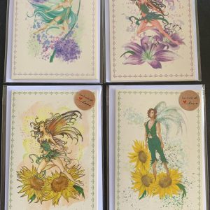 Set of four flower fairy cards. Unique illustrations on a Cream background