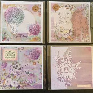 Pack of four hand made greetings cards Unicorns, flowers, fairies